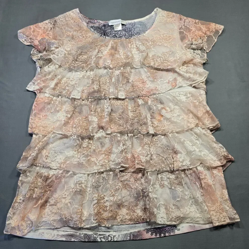 Christopher Banks Cream Tan Shirt Paisley Preppy Ruffle Cap Sleeve Women Size M - Picture 1 of 11